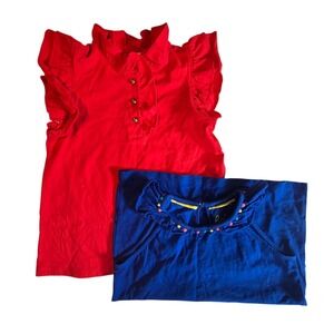 Girls Mini Boden Blue Ruffle Tank Top Sz 7-8 AND Janie Jack Red Ruffle Top Sz 7
